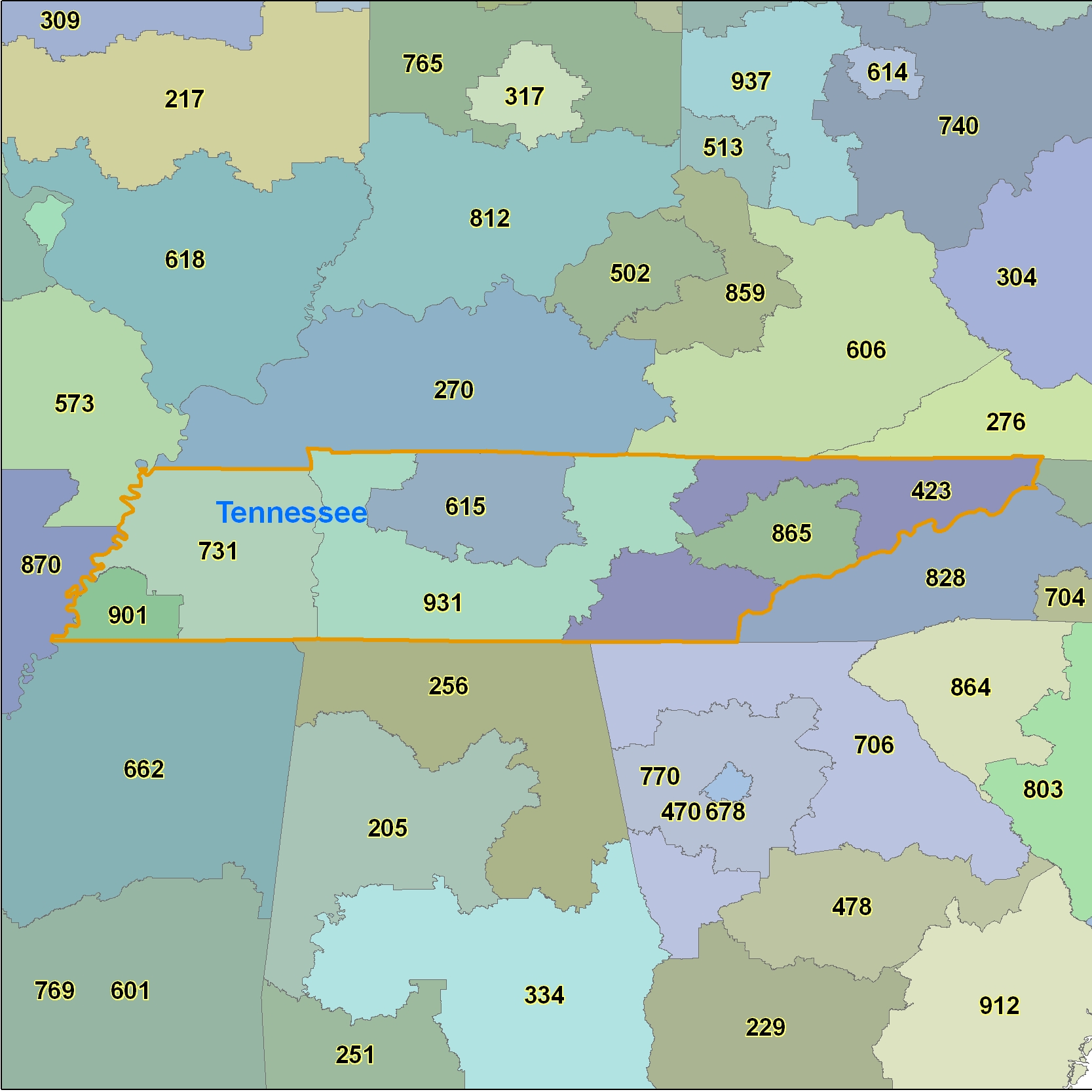 Tennessee Area Code Map Map Of The Usa With State Names